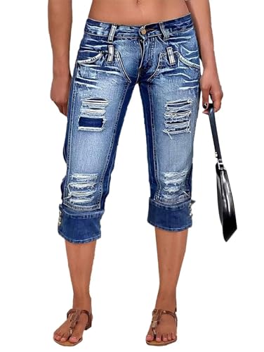 Flamingals Ripped Capri Jeans for Women Stretch Butt Lifting Low Rise Skinny Capris Denim Pants