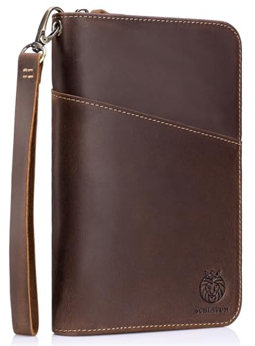 Image of Passport Holder for Travel Family with Strap Genuine Leather RFID Blocking Travel Document Organizer Wallet with Pen Holder, Brown