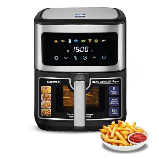 KENT Digital Air Fryer 6.5L | 1600W | Bake, Grill & Roast | Up to 80% Less Oil Usage | Rapid Heat Circulation | 8 Preset Menu | Digital Display & Touch Control Panel | Glass Window with in built Light