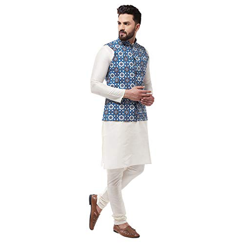 Image of SOJANYA (Since 1958, Men's Silk Blend Pink Kurta Pyjama & Printed Nehrujacket Combo