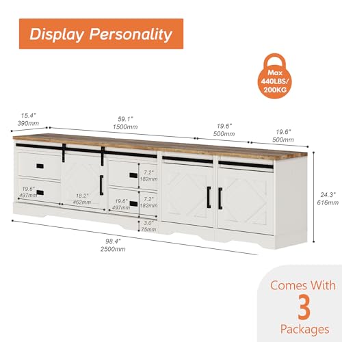 Image of WAMPAT 98.5 inch Wide Large Farmhouse TV Stand w /Drawers & Storage Cabinet