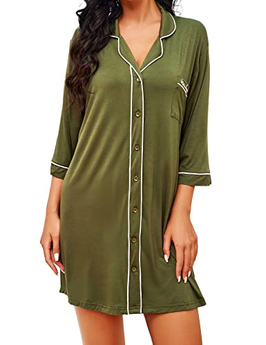 Image of LinaDiary Nightgowns for Women Button Down Night Shirt 3/4 Sleeve Boyfriend V-Neck Sleepwear Pajama Dress (Army Green, X-Large)