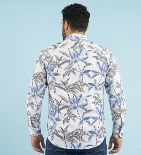 Image of UNM Men's Casual Shirt, Tropical Leaf Print on White