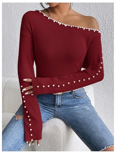 Image of WDIRARA Women's Pearls Beaded One Cold Shoulder Sweater Long Sleeve Asymmetrical Knit Top