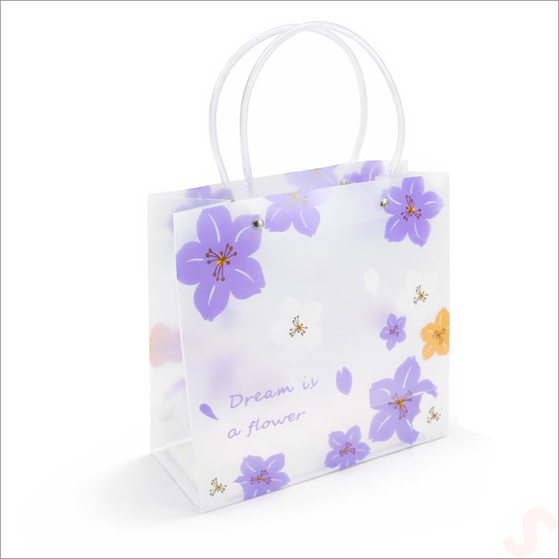 Mat Şeffaf PVC Çiçek Desenli Hediye Çantası 24×22×10 cm – Lila
