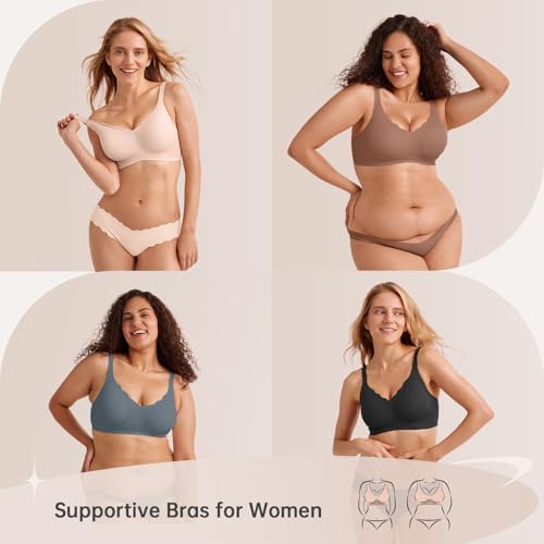 LetsJoli Wireless Seamless Bras for Women No Underwire Push Up Scalloped V Neck Full Coverage Support Bralettes Everyday Bras(Skin,XL - Image 5