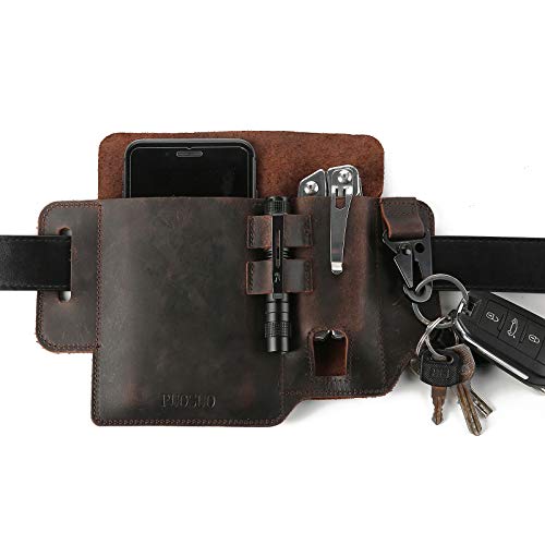 PUOSUO Outdoor Running Leather Cell Phone Holster for Belt,Multitool Sheath with Key Holder,Exercise Waist Bag Compatible with iPhone 11 8 X 7 6+ 5s Samsung in Running Gym