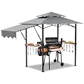 Cibeat 8x5 FT Grill Gazebo with Double Tiered Canopy Roof, Black Steel Frame Grill Gazebo with LED Light & Extra Shadow for Outdoor, Patio, Garden, and Backyard Activities, Grey
