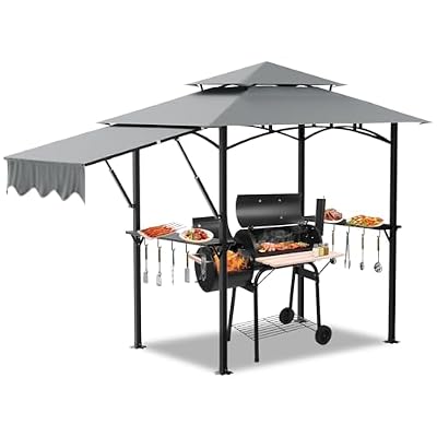 Cibeat 8x5 FT Grill Gazebo with Double Tiered Canopy Roof, Black Steel Frame Grill Gazebo with LED Light & Extra Shadow for Outdoor, Patio, Garden, and Backyard Activities, Grey