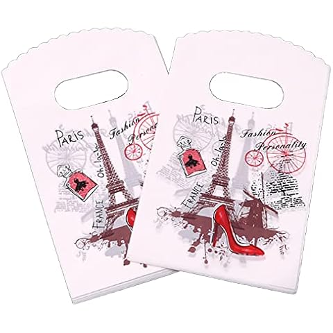 Joyhey 100 Count 3.5'' x 5.9'' Small Plastic Merchandise Bags, Shopping Bags, Retail Bags, Gift Bags with Die Cut Handles - White Eiffel Tower (More Patterns Available) Cover