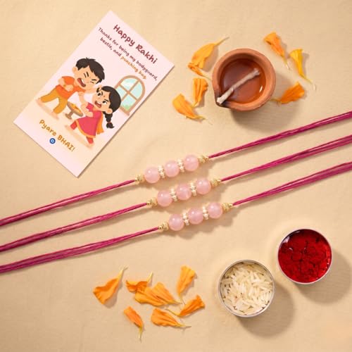 Image of Pink Beaded Rakhi for Brother with Greeting Card, Roli Chawal | Premium Pearl Stone Designer Rakhi | Raksha Bandhan Gift for Brother