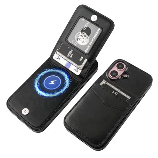 KIHUWEY for iPhone 16 Case Wallet Compatible with MagSafe Wireless Charging, Credit Card Holder, RFID Flip Leather Magnetic Clasp Kickstand Heavy Duty Protective Cover 6.1 Inch (Black)