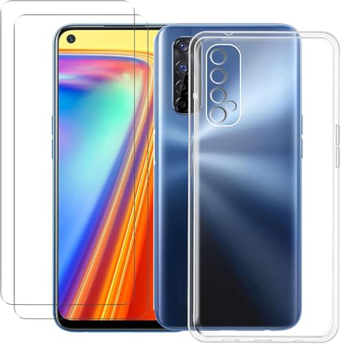 X-Dision Etui kompatybilne z Realme 7 4G z 2 sztukami szkła hartowanego, odporne na wstrząsy, przezroczysty TPU, twardość 9H, przezroczyste HD i zabezpieczenie poduszki powietrznej do Realme 7 4G