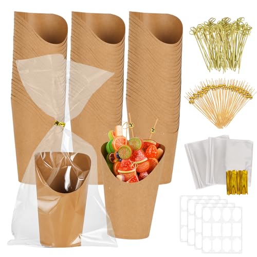 100pcsCharcuterie Cups With Sticks 12oz Charcuterie Cups +200 Cocktail Selections+120 Labels+100 Bags Mini Paper French Fry Holder Paper Cones For Food Roast Meat Appetizer Cups For Parties