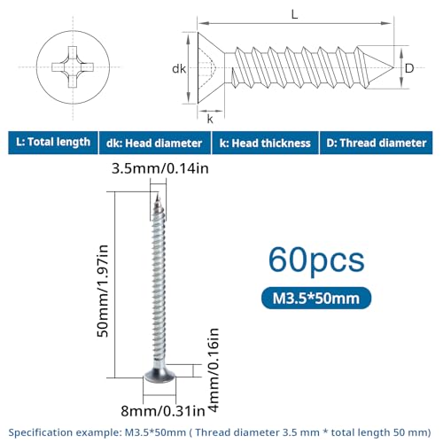 VooGenzek 60 PCS M3.5 * 50 mm Coarse Thread Point Drywall Screws, Phillips Countersunk, Plasterboard Wood Screws, Silver - Image 2