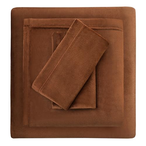 Image of Viviland Microfleece Full Bed Sheet Set, Brown | Soft Flannel-like Fleece, 100% Polyester, Fluffy Velvety Feel, 200GSM, 15 inch Deep Pocket, Warm Winter Gift & Decor