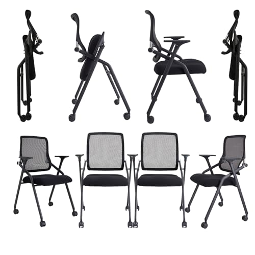 Image of Updated Conference Room Chairs, Folding Office Desk Chair with Lumbar Support and Sliding Armrest with Casters, Stackable Office Guest Chairs & Reception Chairs,8 Pack Black