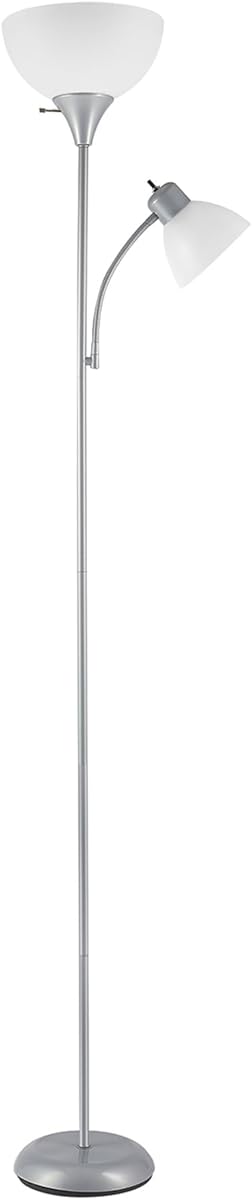 GLOBE Electric 67134 72" Torchiere Floor Lamp and Adjustable Reading Light, Silver, Frosted Shade, Dual Rotary Switch, 3-Step Dimming, Modern Lighting for Living Room or Office, Timeless