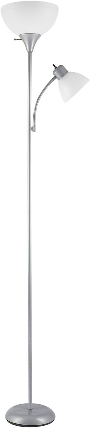 Globe Electric 67134 72" Torchiere Floor Lamp + Adjustable Reading Light, Silver, Frosted Plastic Shade, 3-Step Rotary Switch on Socket, Living Room Décor, Reading Light, Home Essentials, Bedroom