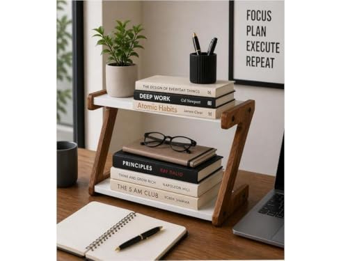 Image of Uteez 2 Tier Desktop Bookshelf Organizer for Study Table & Office Desk | Wooden Countertop Storage Rack for Books, Stationery & Decor | Space Saving Tabletop Shelf Organizer | White & Walnut Finish