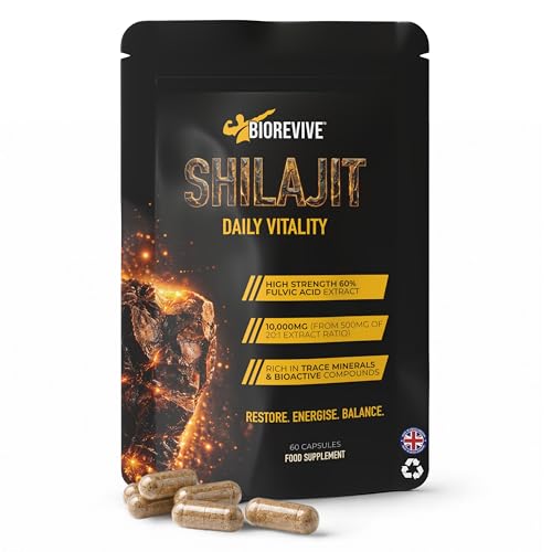 Biorevive Shilajit Capsules 10 000mg Equivalent Per Serving 20:1 Himalayan Shilajit Extract with 60% Fulvic Acid Vegan Daily Vitality Supplement 60 Capsules
