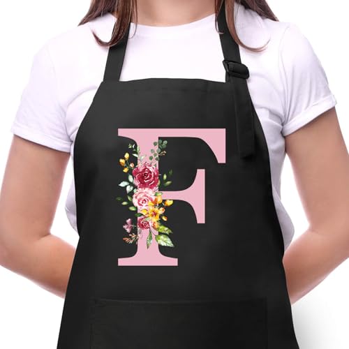Delantal Cocina Mujer con Inicial y Flores, Delantales Impermeables con Bolsillos, Delantal de Barbacoa Ajustables para Cocina Café Jardinería Hornear, Regalo de Cumpleaños para Mamá Esposa Abuela F