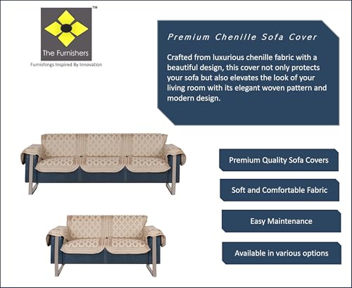 Image of Premium Chenille Woven Anti-Slip 3 Seater + 2 Seater Sofa Cover with Arm Rest | L-Shape Sofa Seat Protector for Living Room | Durable & Stylish Slipcover - Beige