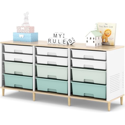 12 Drawers Storage Cabinet with Wooden Top and Plastic Bins Toy Storage Organizer Toy Shelf Storage Chest Cubby Organizer for Home Office Playroom Classroom & Craft Room Storage (Green)