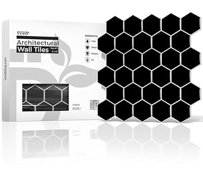 VViViD 11 Sheets Peel and Stick Black Gloss Faux Ceramic Hexagon Wall Tiles, Self Adhesive Backsplash 12”x12” Kitchen, Bathroom (11 sq. ft.)