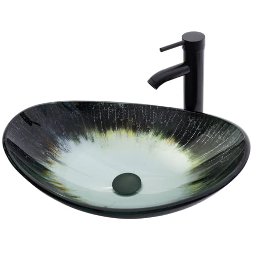 Yimai Ingenuity Vessel Sink 20.8"X13.7" Bathroom Vessel Sinks And Faucet Combo Tempered Glass Art Basin Round Bowl #TOP11
