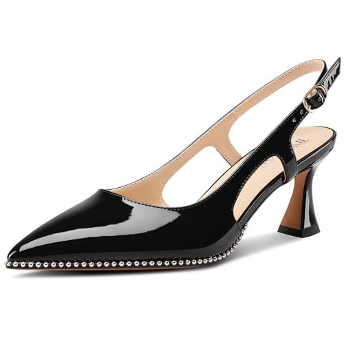 TNYNFBEB Womens Kitten Heel Pointed Toe Pumps Sliver Beaded Slingback Slip-on Buckle Prom Dress Basic Classic Patent Leather Summer 2.6 Inches Heels Black 7 M US
