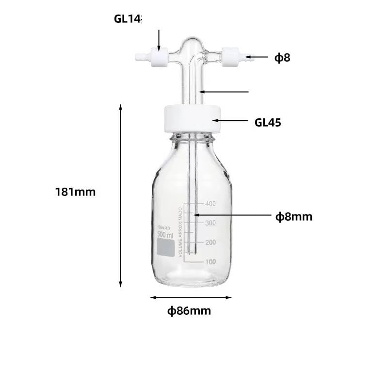 GL45 Gas Washing Bottle — 250/500/1000 mL Laboratory Safety Gas Cylinder(500mL A)