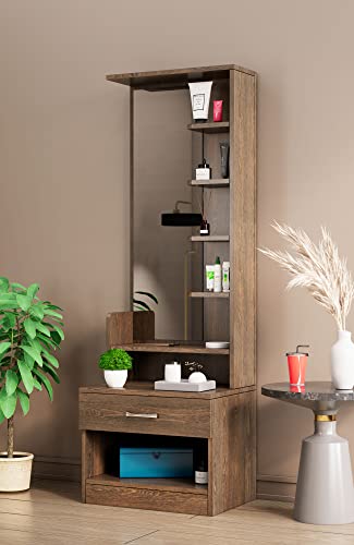 Image of Bniture Wooden Dressing Table for Bedroom with 1 Drawer, Mirror and Huge Storage Space | Long Dresser Vanity Table with Mirror (42D x 60W x 180H CM) | 1 Year Warranty (Flower Wenge, HXDR102)
