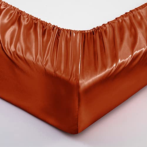 Drap-housse en satin et drap plat parure de lit orange brûlé - 7