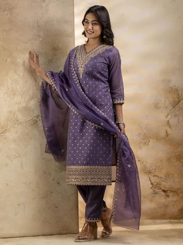 Image of VredeVogel Women's Chanderi Silk Embroidered Kurta with Pant & Organza Dupatta Set | Casual Outfit Ethnic Kurta Set for Women | Modern & Traditional Blend Ethnic Wear