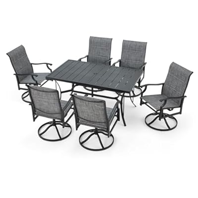BUPPLEE Patio Dining Set for 6, 6 Piece Patio Swivel Chairs with 1 Piece Large Metal Rectangular Dining Table for Backyard Front Porch Pool Deck,Gray