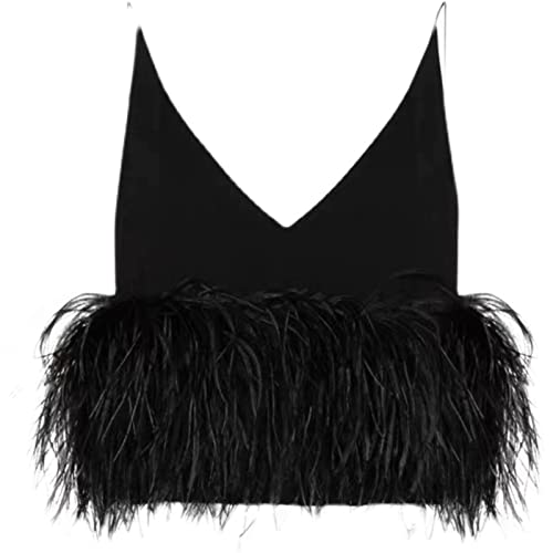 FurinFashion ER-02 Women's Ostrich Hair Sleeveless Solid Color Short Suspender Vest Backless Chiffon Shirt