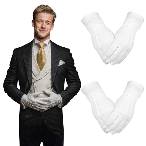 BEVTEE 2 Pairs White Gloves Men, Marching Band Gloves with Snap Cuff, for Art The Clown Women Goofy Santa Magician Costume Halloween