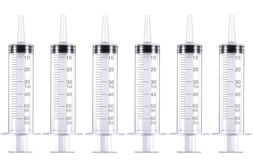 Plastic Graduated Large Catheter Tip Syringe 2 Oz / 60 ML with Cover for Dispensing and Measuring Liquids for Automotive, Lab work, Crafts and Gardening - 6 Pack