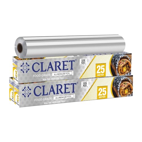 Image of Claret Aluminium Foil 25 Meter | Food-Grade, Extra Strong & Durable | Retains Freshness & Keeps Food Warm | Ideal for Wrapping, Baking, Grilling & Storing Food (Pack of 3)