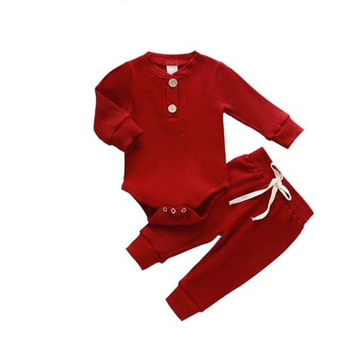 Image of Newborn Baby Boy Girl Clothes Ribbed Knitted Cotton Long Sleeve Romper Long Pants Solid Color Fall Winter Outfits