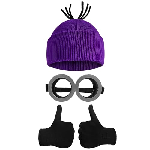 HWQVA 3 Pcs Halloween Costume Accessories for Adults Goggles Glasses/Yellow Beanie Hat/Gloves for Cosplay Party(Purple)