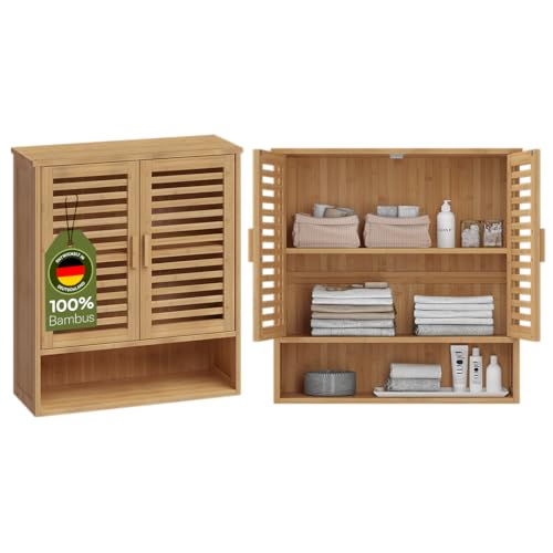 Bellamio Badschrank Newa mit 3 Ablagen, Hängeschrank für Badezimmer schmal mit 2 Türen, Aufbewahrungsschrank Badeschrank aus Bambus lackiert, Bad-Hängeschrank Bambus Regal Maße 65x59x21 cm Bellamio Badschrank Newa mit 3 Ablagen, Hängeschrank für Badezimmer schmal mit 2 Türen, Aufbewahrungsschrank Badeschrank aus Bambus lackiert, Bad-Hängeschrank Bambus Regal Maße 65x59x21 cm
