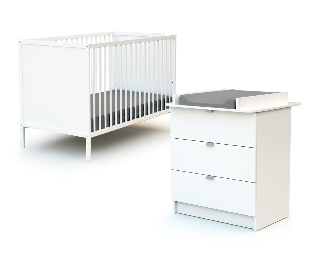WEBABY – Weißes Duo aus Babybett und Kommode | 60x120 Bett | Verstellbarer Lattenrost in 3 Höhen | Kommode mit 3 Schubladen | Abnehmbarer Wickeltisch inklusive
