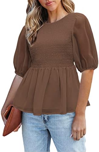 luvamia 2023 Blouses for Women Dressy Casual Flowy Peplum Tops Puff Sleeve Smocked Elegant Summer Dress Shirt Chiffon Blouses for Women Sheer Blouses for Women Friar Brown Size Medium Size 8 Size 10