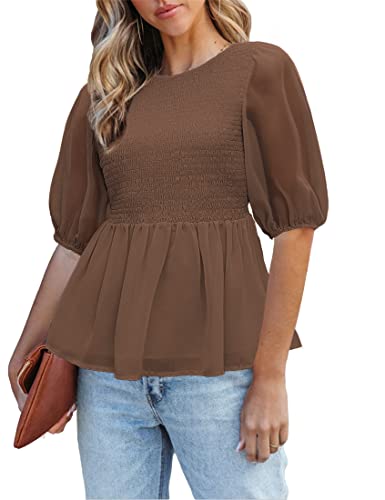 Luvamia 2023 Blouses For Women Dressy Casual Flowy Peplum Tops Puff Sleeve Smocked Elegant Summer Dress Shirt Chiffon Blouses For Women Sheer Blouses For Women Friar Brown Size Medium Size 8 Size 10 #TOP17