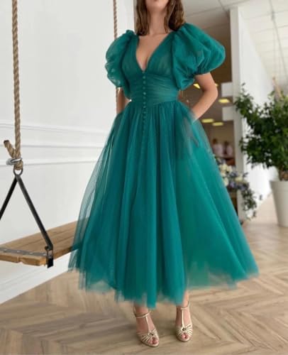 Xijun Puffy Sleeve Prom Dresses for Women Dotted Tulle V Neck Formal Evening Party Gowns Tea Length4