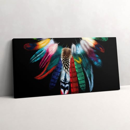 Plumes d'oiseaux colorées sur grand tableau en toile 120x60cm pour illuminer votre salon