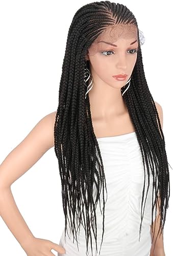 Kalyss 28" Hand-Braided 13X6 Lace Frontal Side Part Twist Braids Wigs With Baby Hair For Black Women 100% Kanekalon Black Synthetic Lightweight Hand-Tied Lace Front Box Braided Wig #TOP4