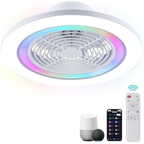 HUMHOLD Low Profile Ceiling Fan with Lights-24 Smart LED Bladeless Ceiling Fans Remote with Alexa/Google Assistant, Modern Flush Mount RGB Ceiling Fan for Bedroom/Living Room (White) Cover